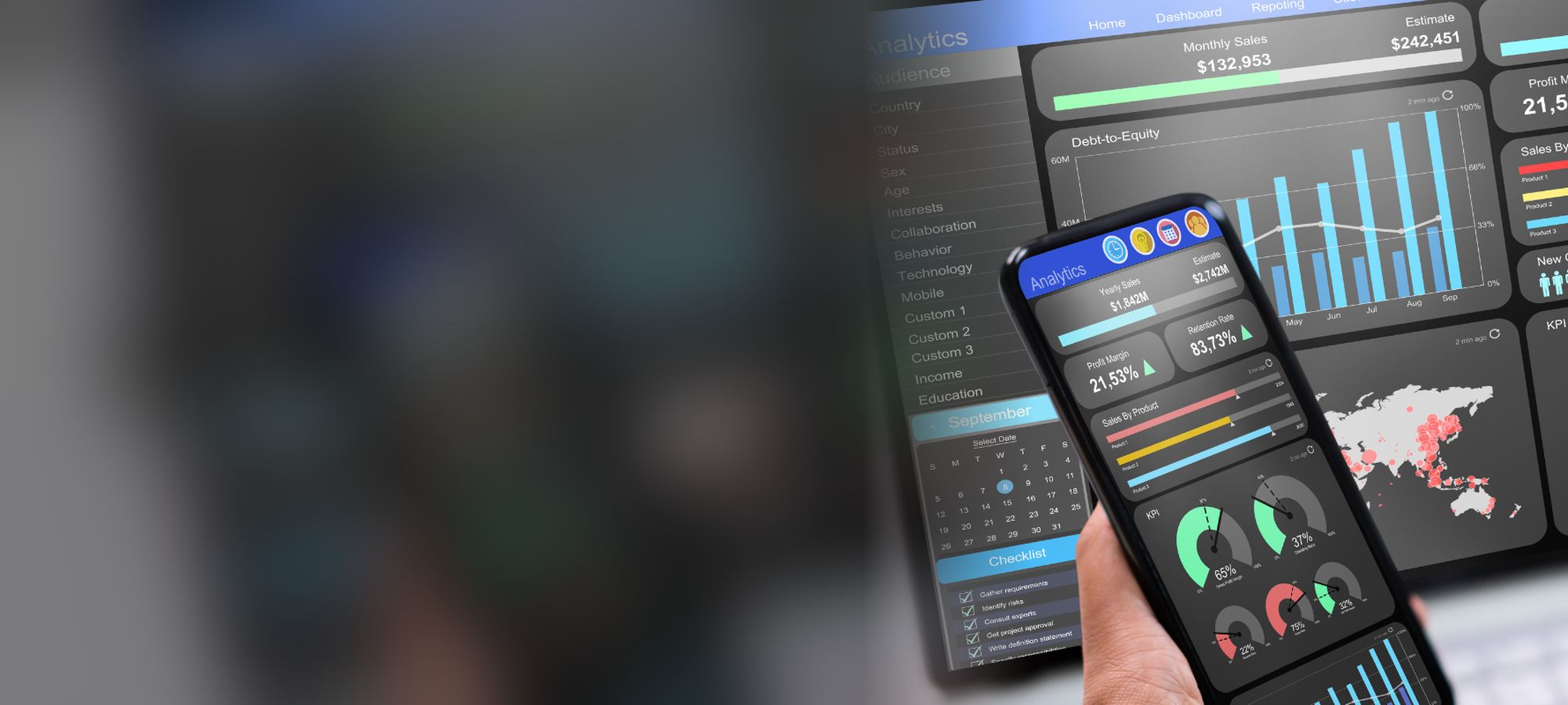 Business intelligence dashboards on a tablet and phone